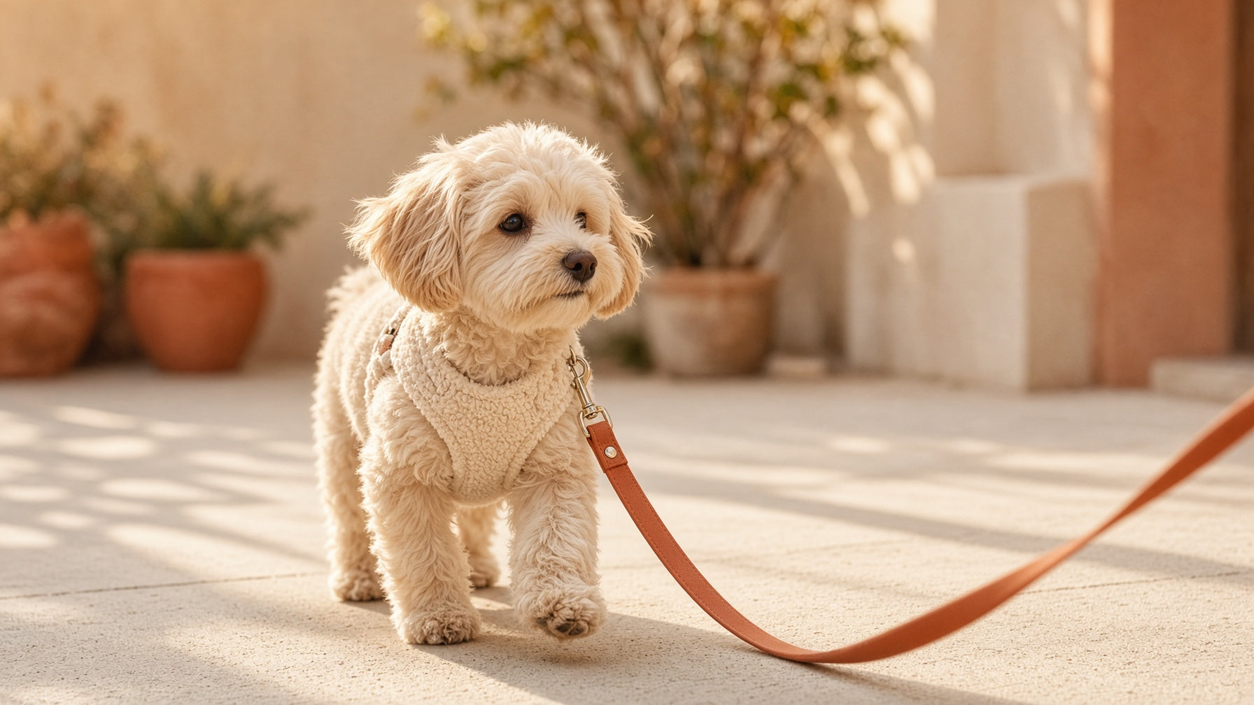 Small dog in a cream sherpa harness